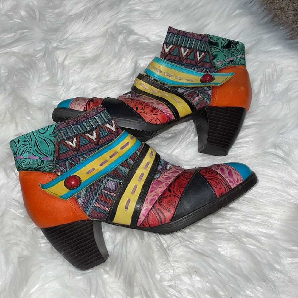 Socofy Patchwork Tapestry Leather Colorful Women's Ankle Boots - Picture 6 of 11